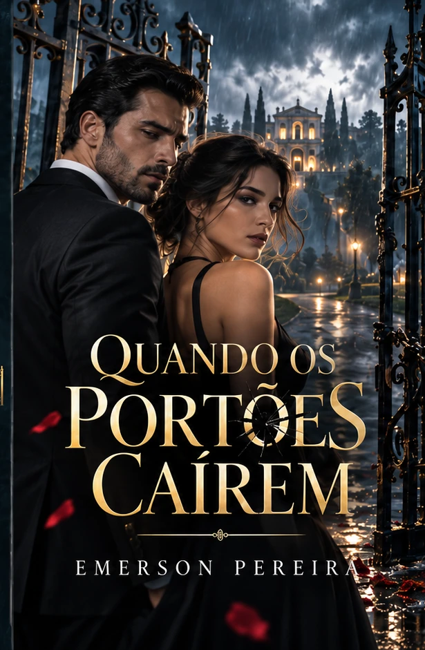 Capa do romance Quando os Portões Caírem: Dante e Lívia junto a portões de ferro sob chuva